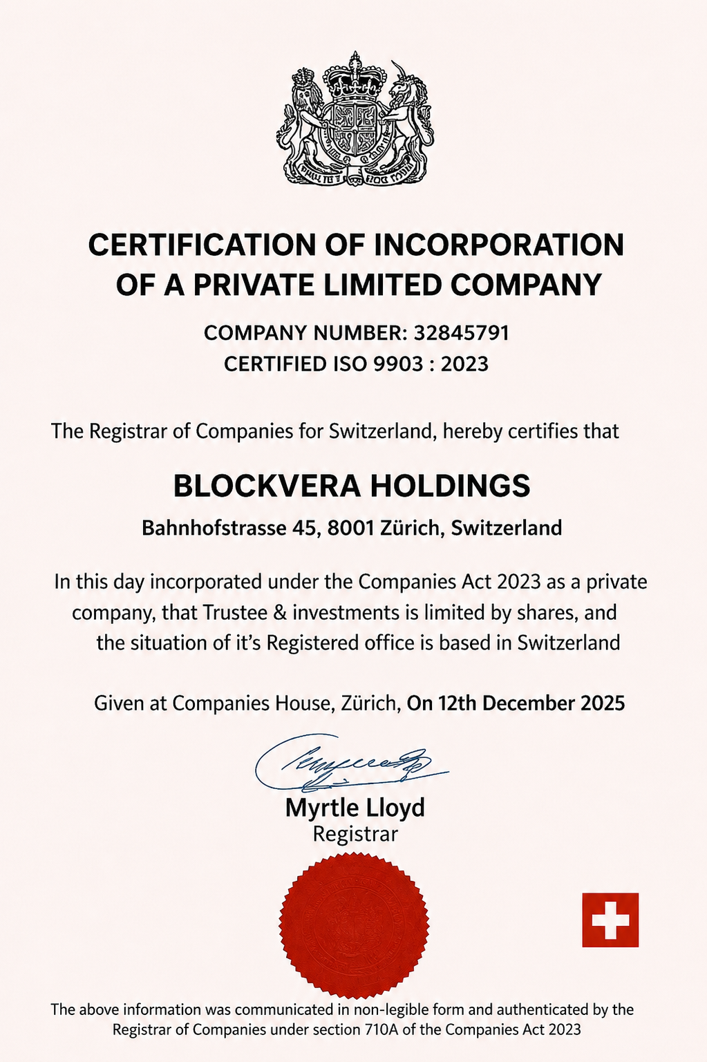 Blockvera Holdings Certificate of Incorporation